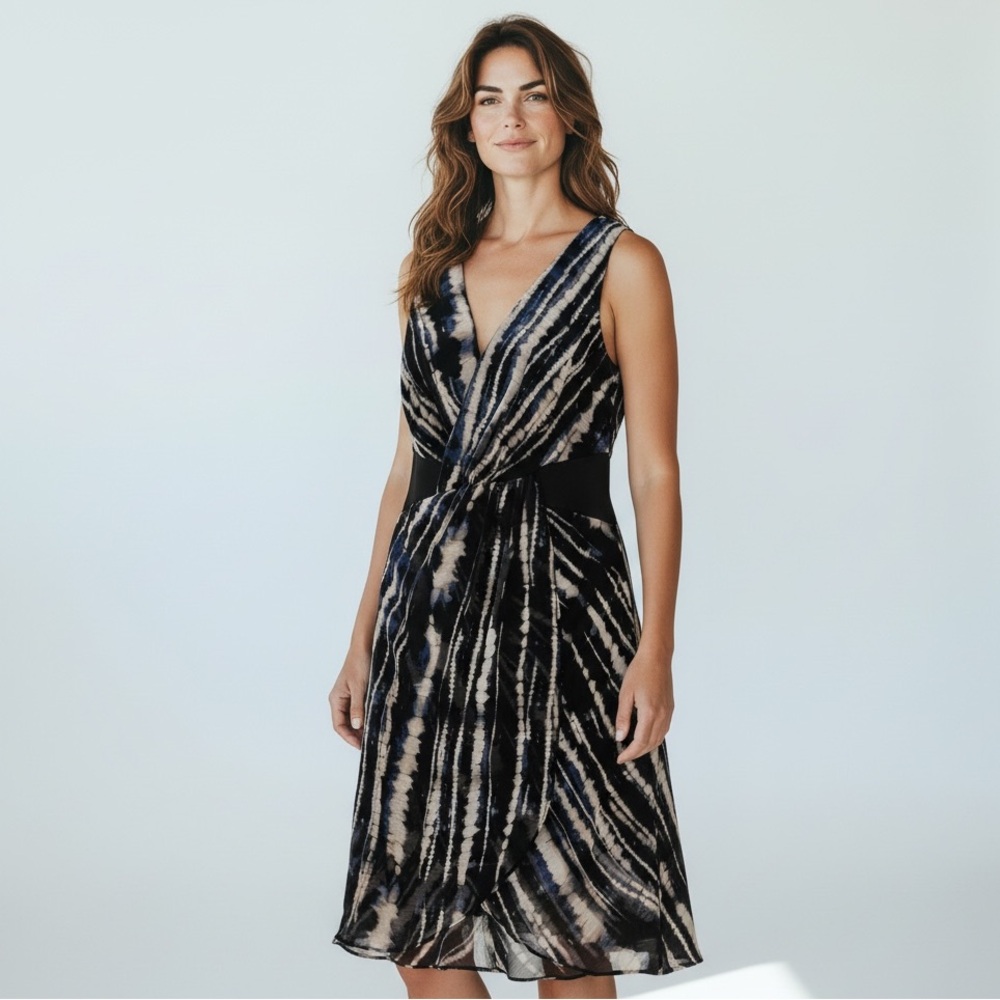 DKNY Sleeveless Ruched Tie-Dye Print Midi Dress Black Blue Stretch Chic Size 6